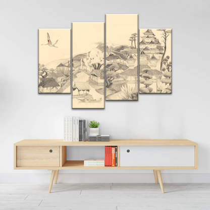 Sketch Of Houses And Pagoda With Trees Near Mountains Framed Wall Art