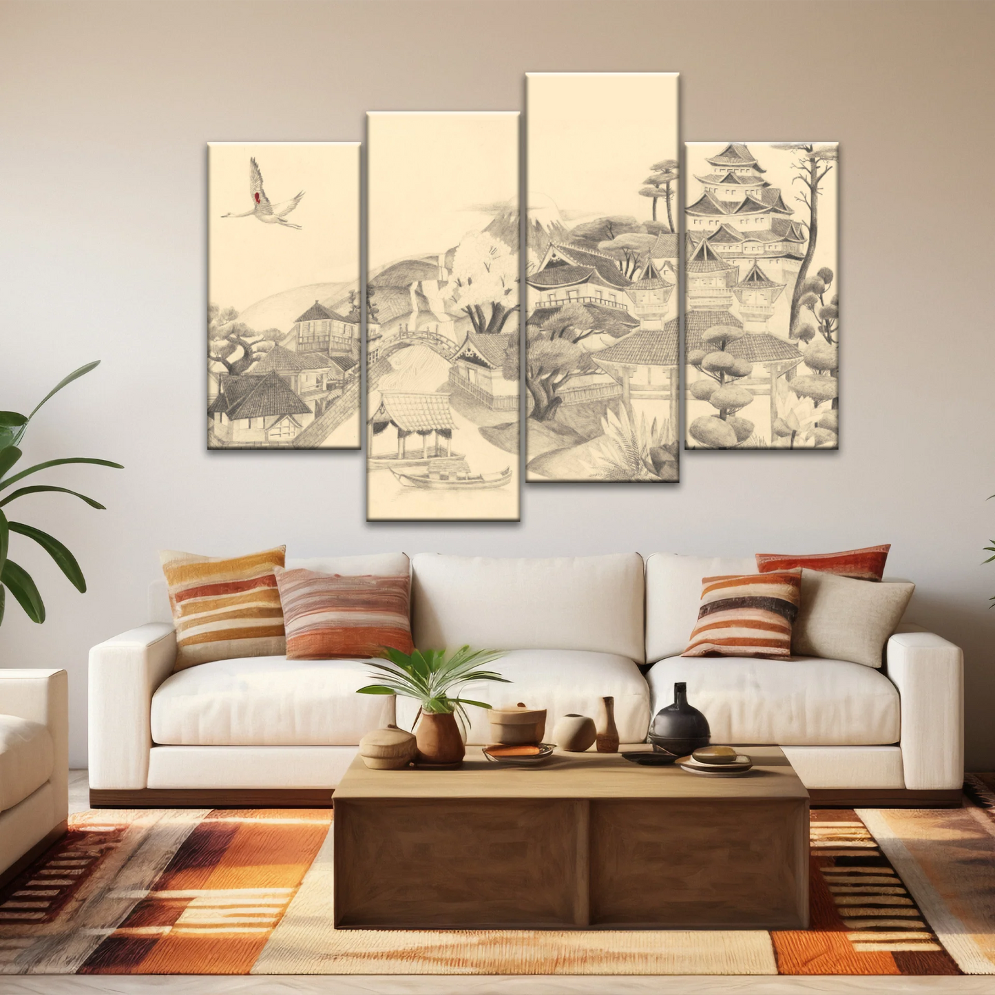 Sketch Of Houses And Pagoda With Trees Near Mountains Framed Wall Art