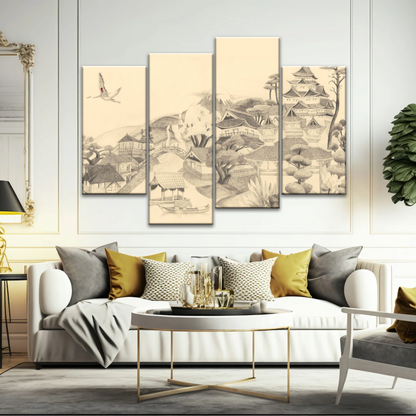 Sketch Of Houses And Pagoda With Trees Near Mountains Framed Wall Art