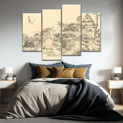 Sketch Of Houses And Pagoda With Trees Near Mountains Framed Wall Art