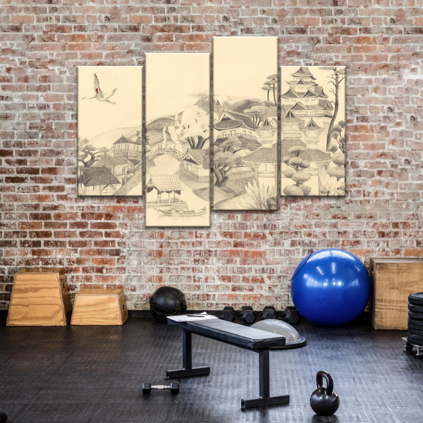 Sketch Of Houses And Pagoda With Trees Near Mountains Framed Wall Art