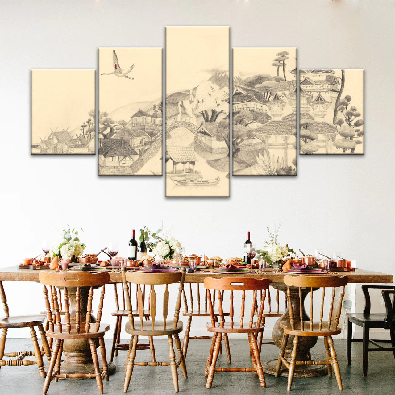 Sketch Of Houses And Pagoda With Trees Near Mountains Framed Wall Art