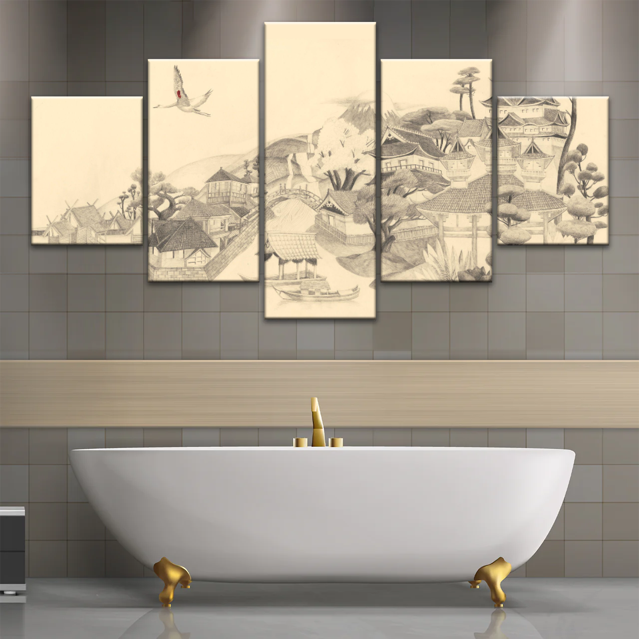 Sketch Of Houses And Pagoda With Trees Near Mountains Framed Wall Art