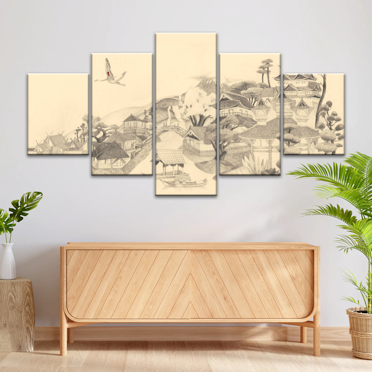 Sketch Of Houses And Pagoda With Trees Near Mountains Framed Wall Art