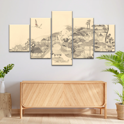 Sketch Of Houses And Pagoda With Trees Near Mountains Framed Wall Art