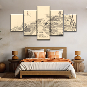 Sketch Of Houses And Pagoda With Trees Near Mountains Framed Wall Art