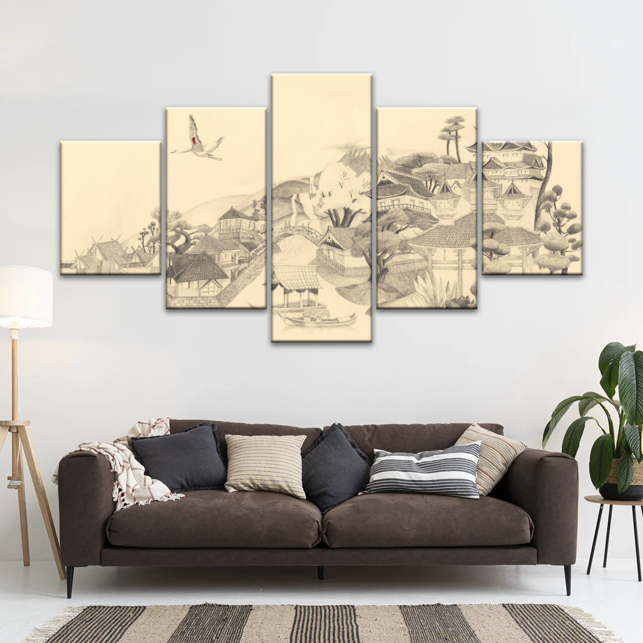 Sketch Of Houses And Pagoda With Trees Near Mountains Framed Wall Art