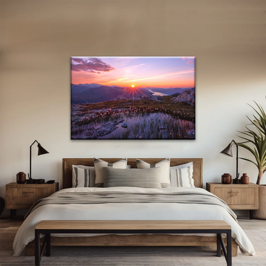 Sunrise Over Mountains Full of Flowers Canvas Photo Prints
