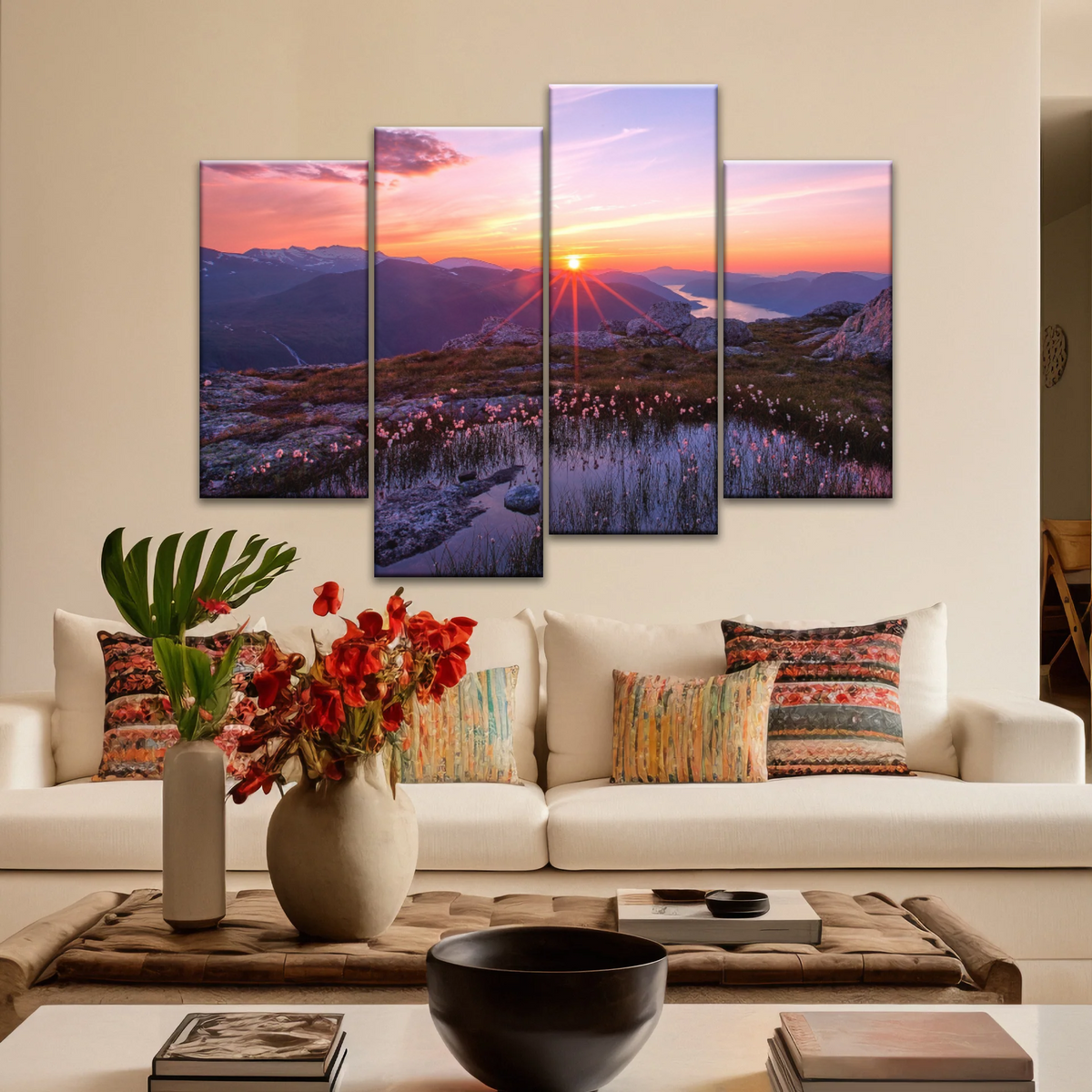 Sunrise Over Mountains Full of Flowers Canvas Photo Prints - Personalised Canvas Art
