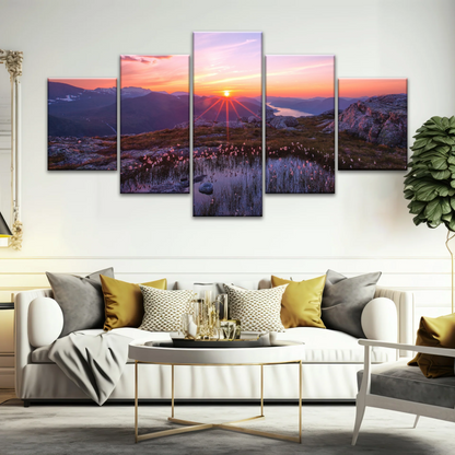 Sunrise Over Mountains Full of Flowers Canvas Photo Prints