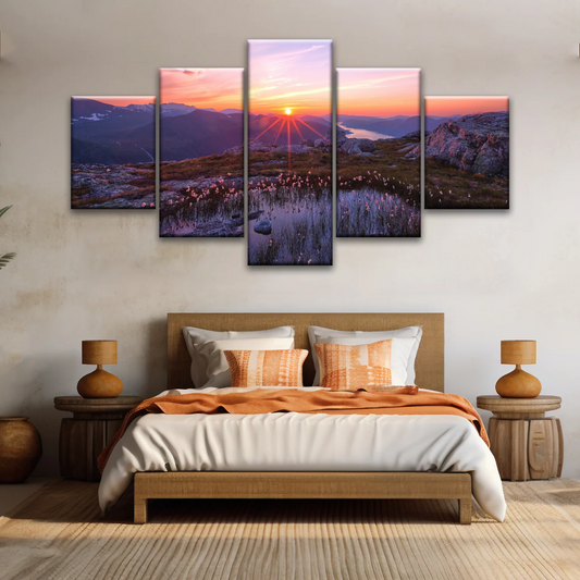 Sunrise Over Mountains Full of Flowers Canvas Photo Prints
