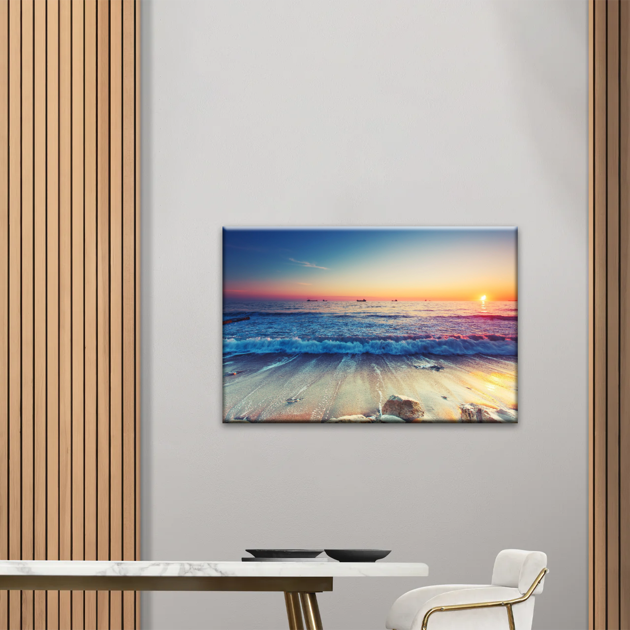 Sunset Sandy Beach Sparkling Waves Cheap Canvas Prints