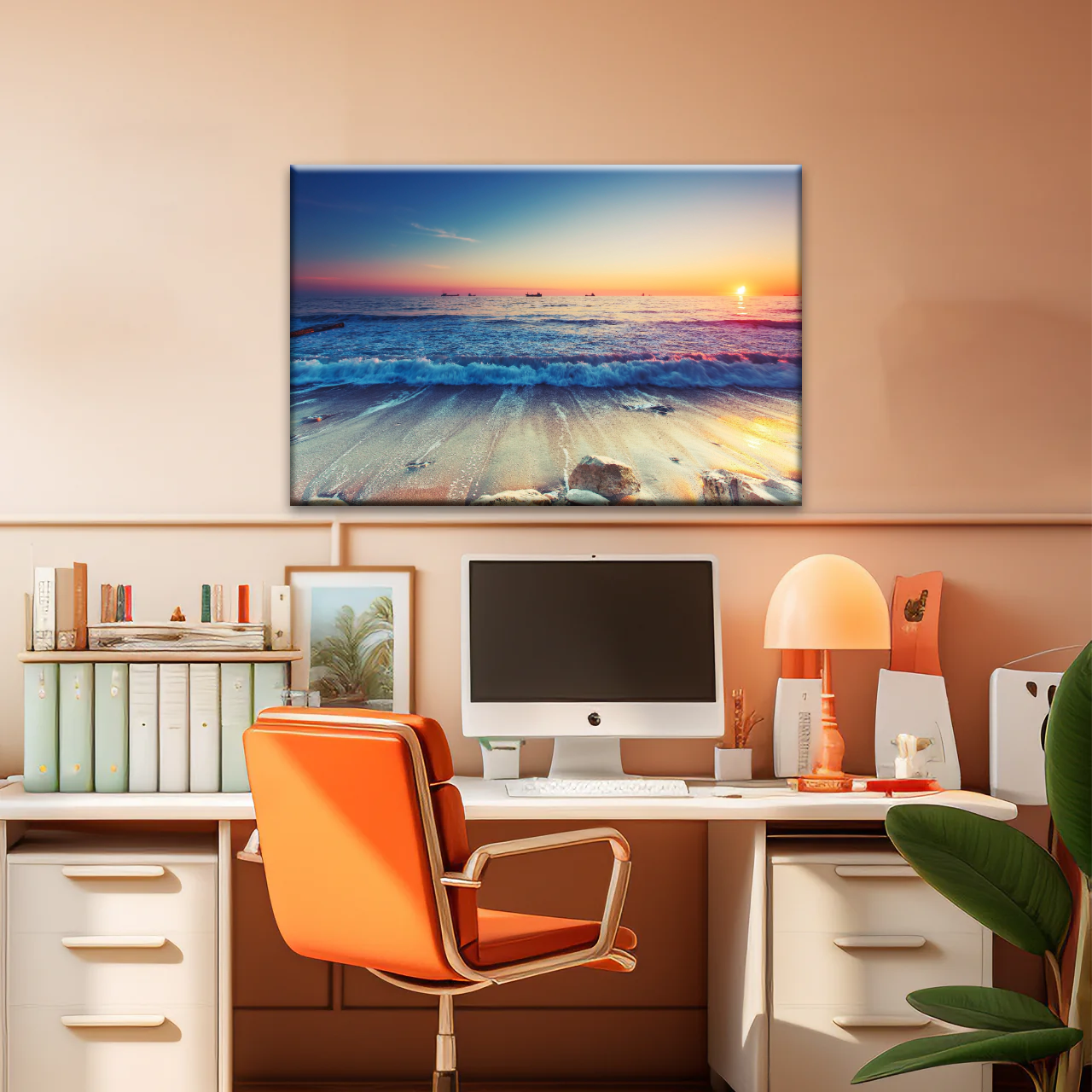 Sunset Sandy Beach Sparkling Waves Cheap Canvas Prints