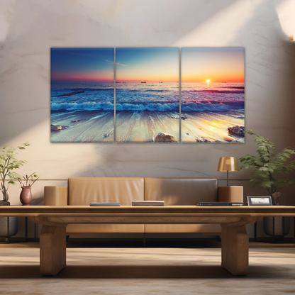 Sunset Sandy Beach Sparkling Waves Cheap Canvas Prints
