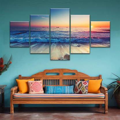 Sunset Sandy Beach Sparkling Waves Cheap Canvas Prints