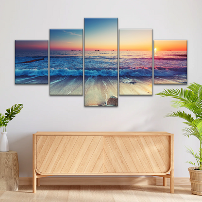 Sunset Sandy Beach Sparkling Waves Cheap Canvas Prints