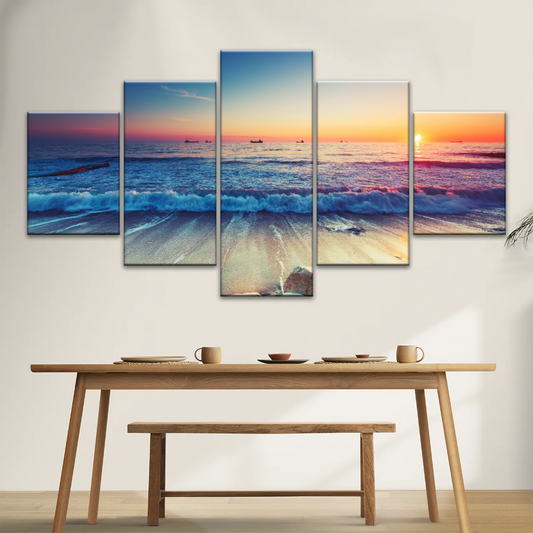 Sunset Sandy Beach Sparkling Waves Cheap Canvas Prints