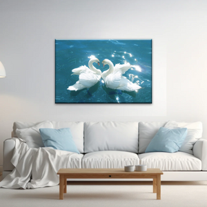 Swans Love Between Blue Water Art Prints on Canvas