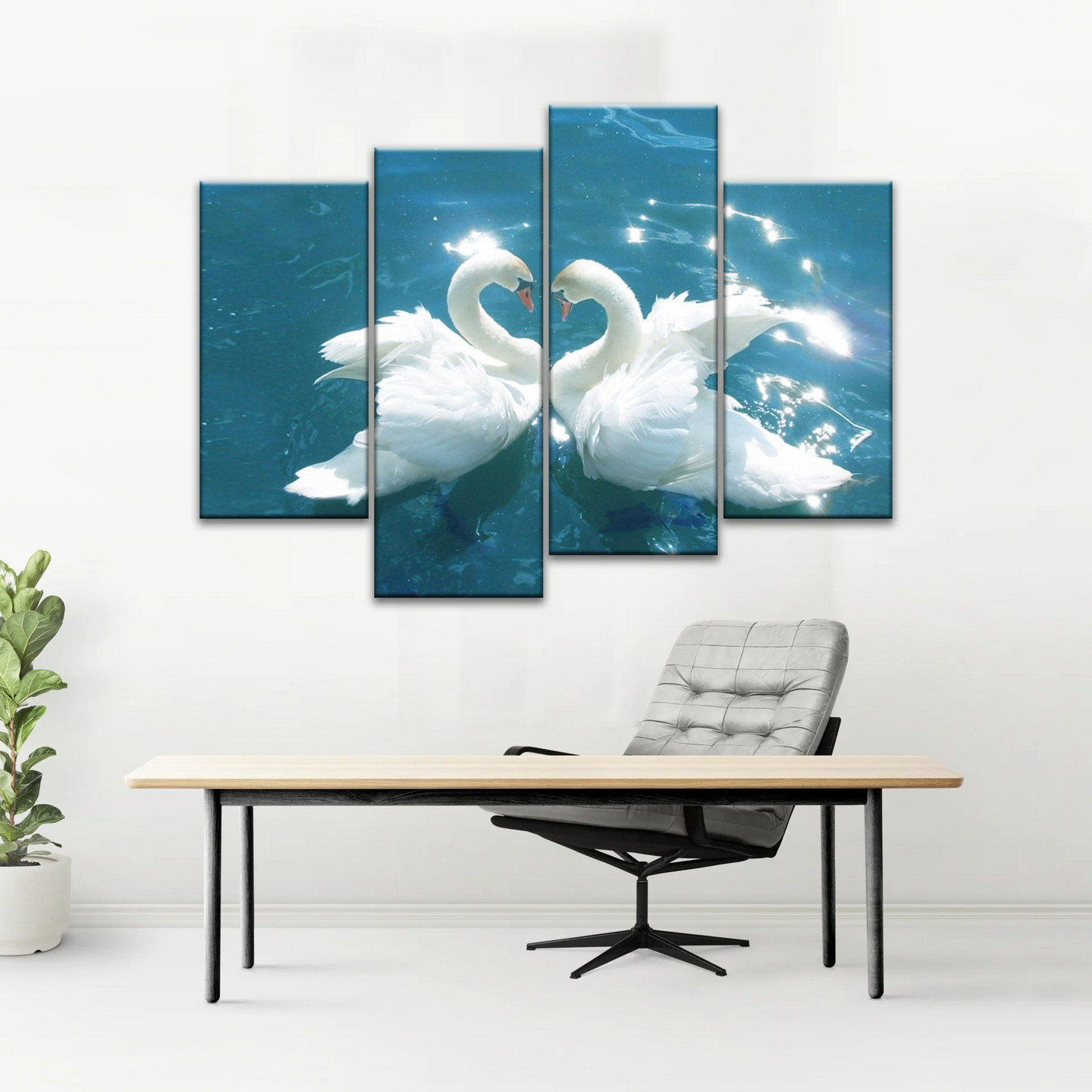 Swans Love Between Blue Water Art Prints on Canvas