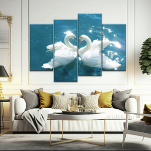 Swans Love Between Blue Water Art Prints on Canvas