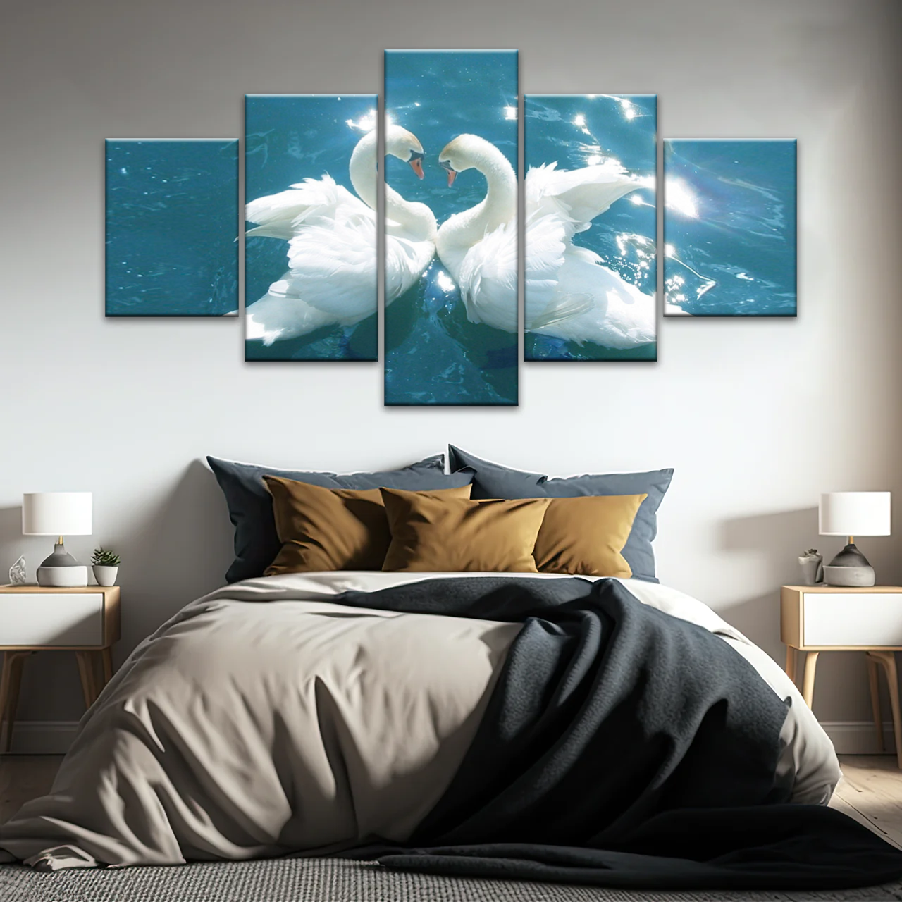 Swans Love Between Blue Water Art Prints on Canvas