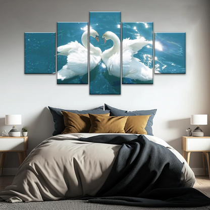 Swans Love Between Blue Water Art Prints on Canvas