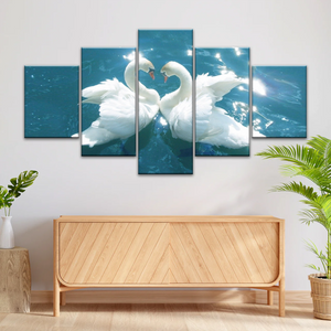 Swans Love Between Blue Water Art Prints on Canvas