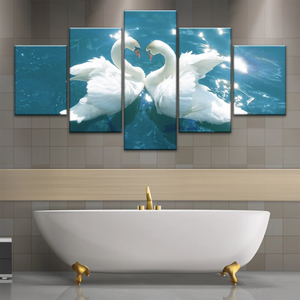 Swans Love Between Blue Water Art Prints on Canvas