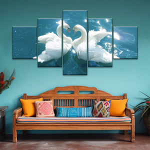 Swans Love Between Blue Water Art Prints on Canvas
