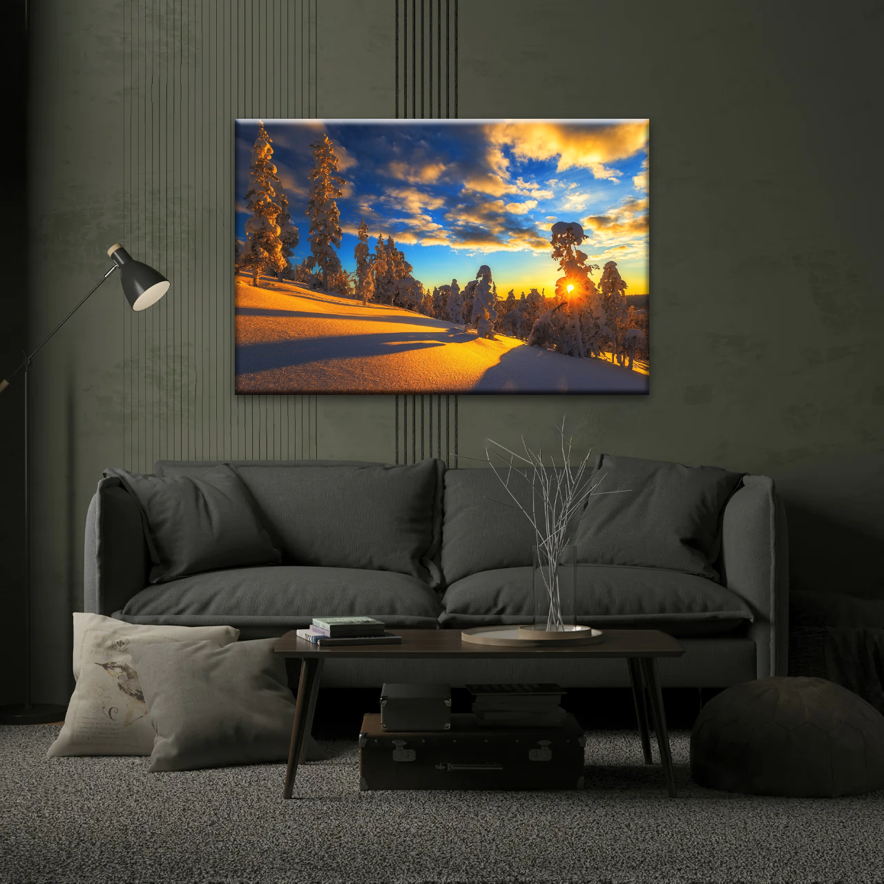 Trees Covered With Snow On Mountains Under The Golden Sunshine Canvas Print Frame