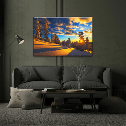 Trees Covered With Snow On Mountains Under The Golden Sunshine Canvas Print Frame