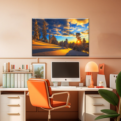 Trees Covered With Snow On Mountains Under The Golden Sunshine Canvas Print Frame