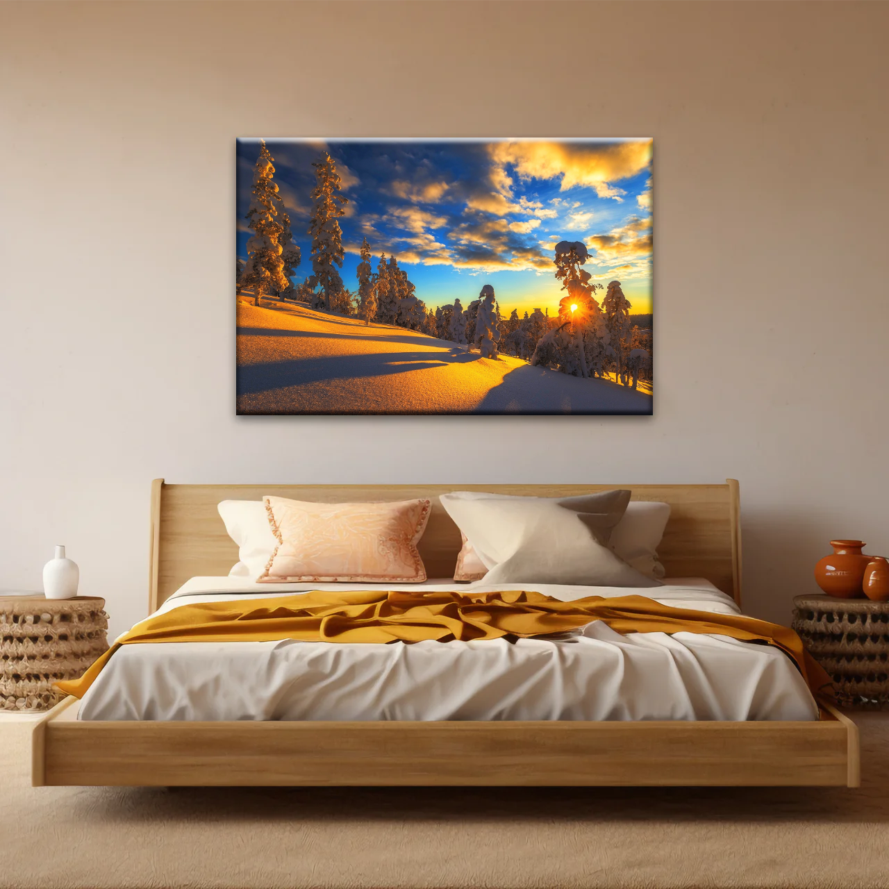 Trees Covered With Snow On Mountains Under The Golden Sunshine Canvas Print Frame
