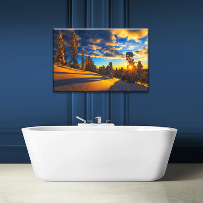 Trees Covered With Snow On Mountains Under The Golden Sunshine Canvas Print Frame