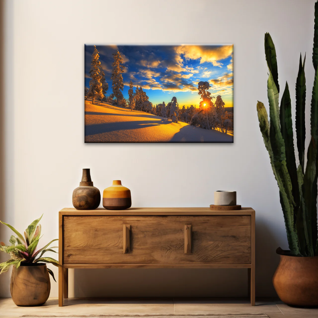 Trees Covered With Snow On Mountains Under The Golden Sunshine Canvas Print Frame