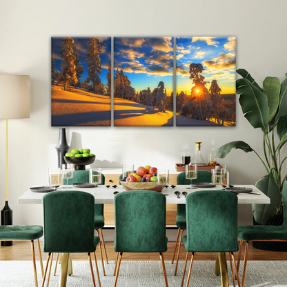 Trees Covered With Snow On Mountains Under The Golden Sunshine Canvas Print Frame