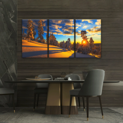 Trees Covered With Snow On Mountains Under The Golden Sunshine Canvas Print Frame