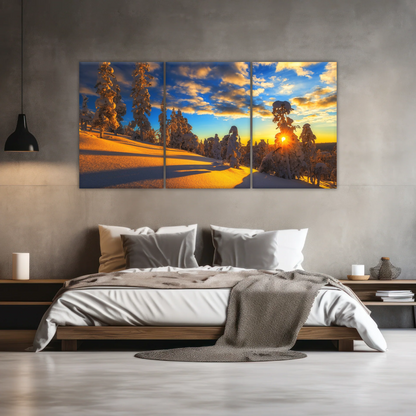 Trees Covered With Snow On Mountains Under The Golden Sunshine Canvas Print Frame