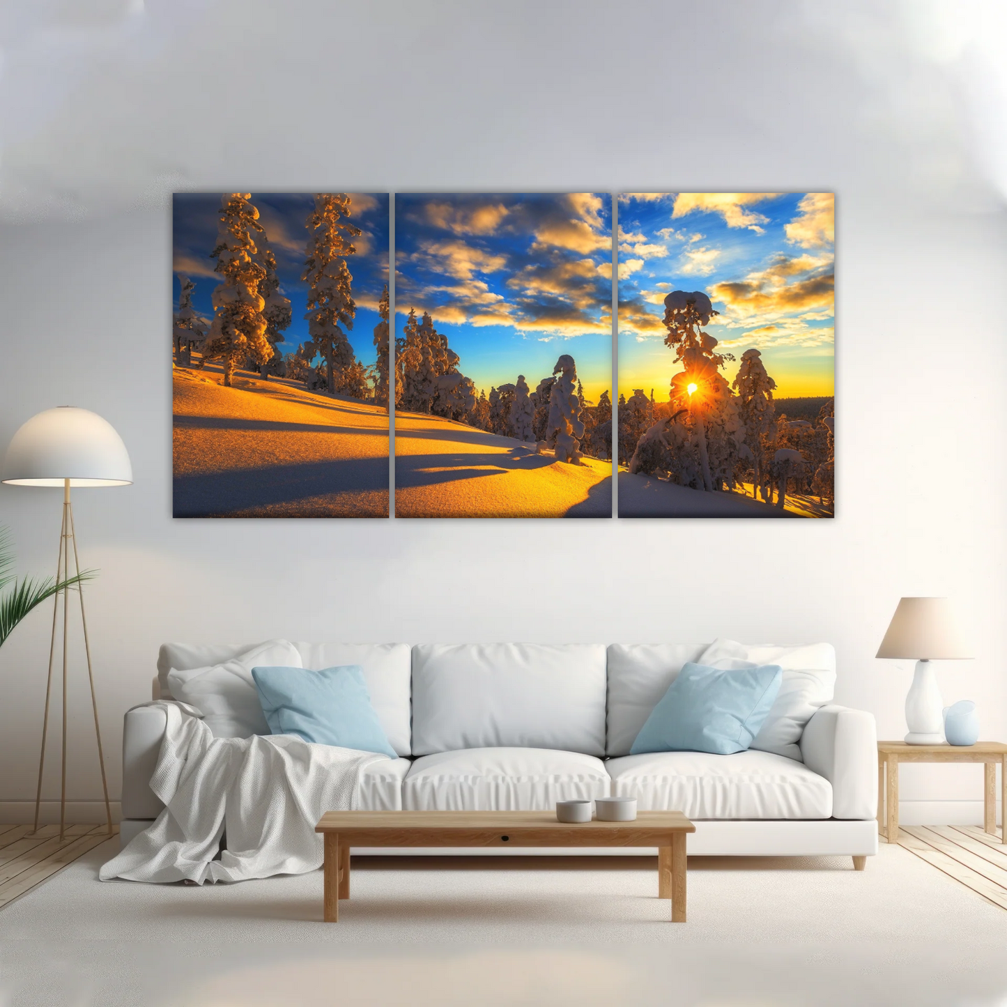 Trees Covered With Snow On Mountains Under The Golden Sunshine Canvas Print Frame