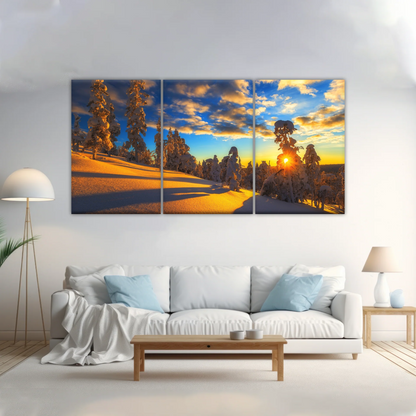 Trees Covered With Snow On Mountains Under The Golden Sunshine Canvas Print Frame