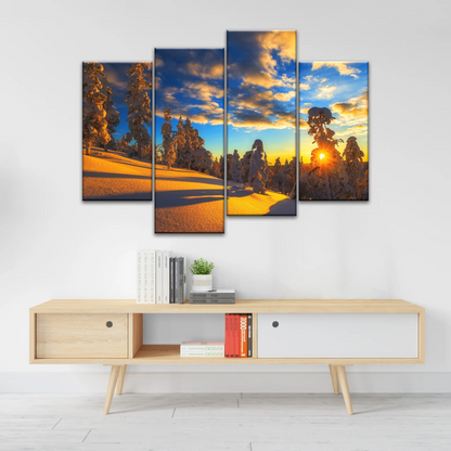 Trees Covered With Snow On Mountains Under The Golden Sunshine Canvas Print Frame