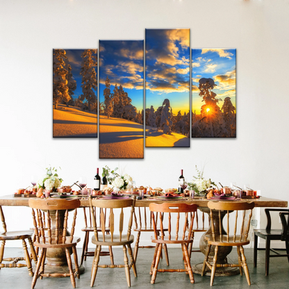 Trees Covered With Snow On Mountains Under The Golden Sunshine Canvas Print Frame