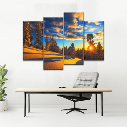 Trees Covered With Snow On Mountains Under The Golden Sunshine Canvas Print Frame