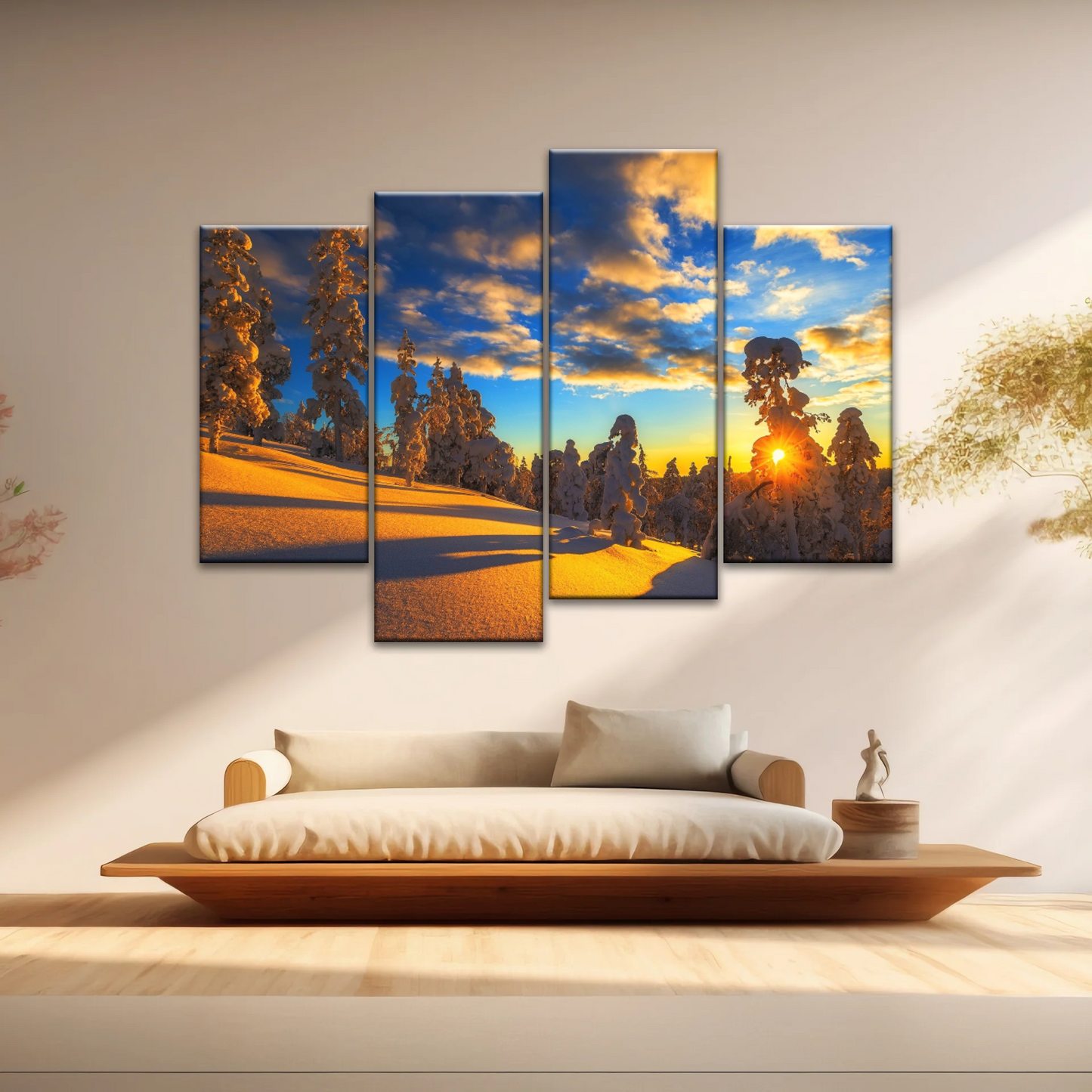 Trees Covered With Snow On Mountains Under The Golden Sunshine Canvas Print Frame