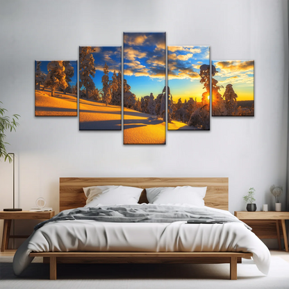 Trees Covered With Snow On Mountains Under The Golden Sunshine Canvas Print Frame