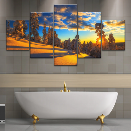 Trees Covered With Snow On Mountains Under The Golden Sunshine Canvas Print Frame