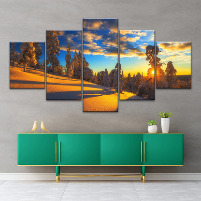 Trees Covered With Snow On Mountains Under The Golden Sunshine Canvas Print Frame