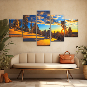 Trees Covered With Snow On Mountains Under The Golden Sunshine Canvas Print Frame