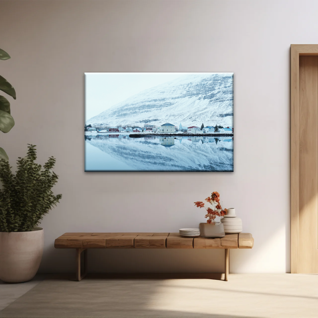 Village by The River Under The Snow-capped Mountains Prints On Canvas