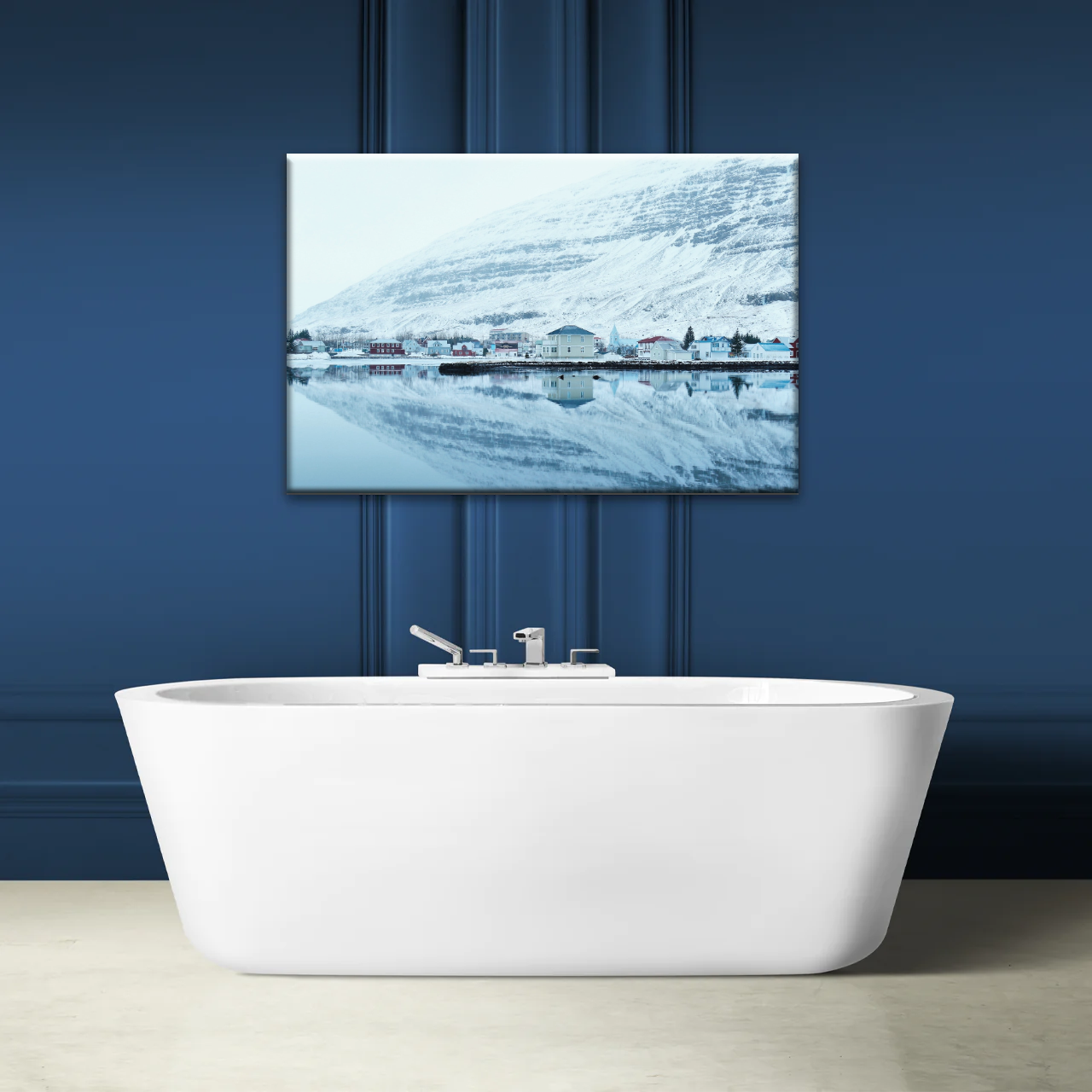 Village by The River Under The Snow-capped Mountains Prints On Canvas